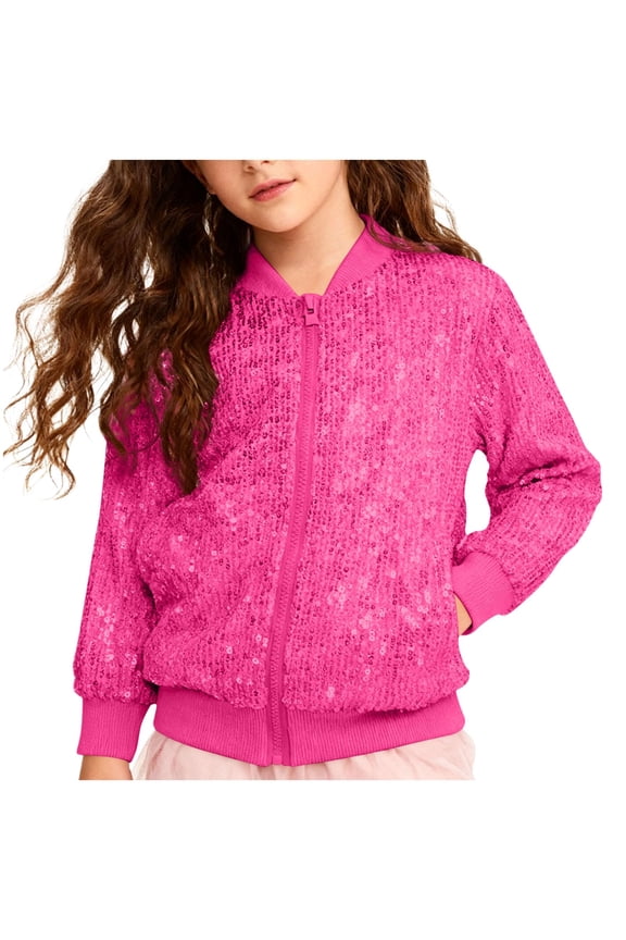 Girls Jackets Girls Sequin Jacket Kids Bomber Long Sleeve Zip Up Sparkle Clothes Dance Outfit with Pockets(Hot Pink,4-5 Years)