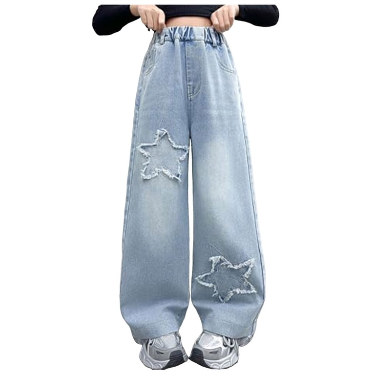 Staki Girls Jeans Baggy Elastic Waist Wide Leg Denim Pants Kids
