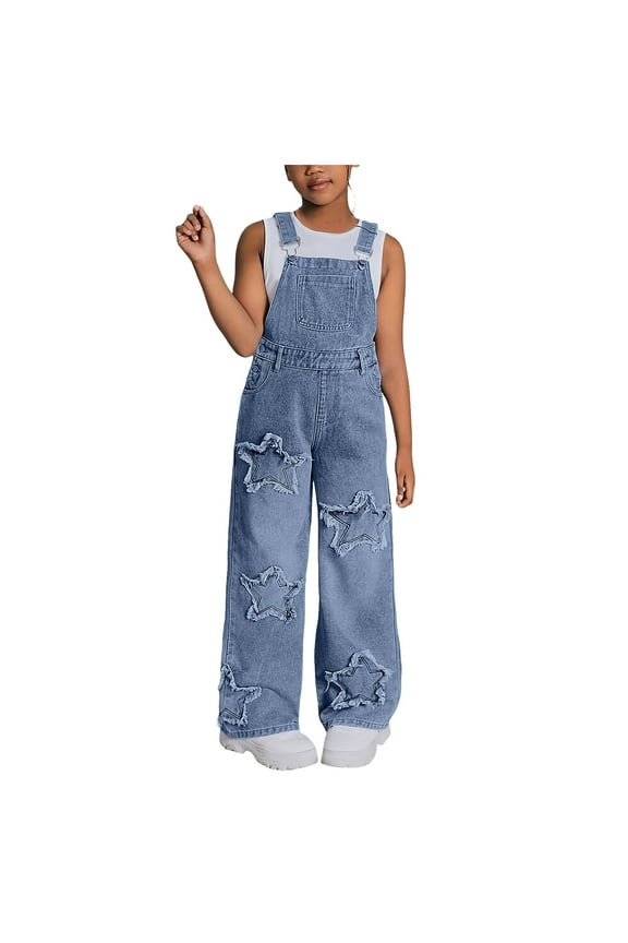 Girls Jumper Girls Denim Overalls Kids Sleeveless Wide Leg Jumpsuit Bib Overall with Pockets 7-16Y(Blue,7-8 Years)