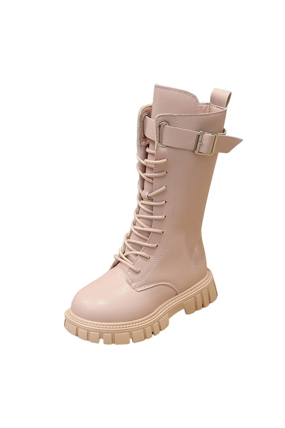 Girls Knee High Boots Girl's Waterproof Leather Side Zipper Mid Calf Combat Boots Outdoor Riding Boots Winter Snow Boots(Pink,11 Little Kid)