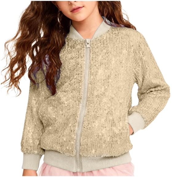 Staki Girls Lightweight Jacket Girls' Ombre Sequin Bomber Jacket with Pockets Lightweight Sparkle Long Sleeve Zipper Jackets for Kid(Gold,3-4 Years)