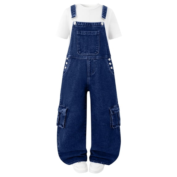 Staki Girls Long Overalls Baby Boy Girl Corduroy Bib Overalls Cotton Button Suspender Overalls Plain Romper Loose Jumpsuit 8-14Y(Dark Blue,10-11 Years)
