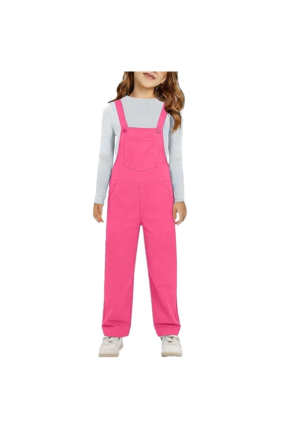 Girls' Overalls Harem Pants Wide Strap Jumpsuits Loose Rompers Cuffed Hem Long Pants with Pockets 1-12 Years,3-4 Years