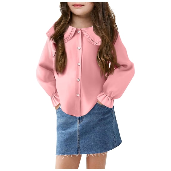 Staki Girls Ruffle Collar Blouse Kids Long Sleeve Button Down Shirt Cute Uniform Tops White Shirt Girls 4-8Y 9-10Y(Pink,5-6 Years)