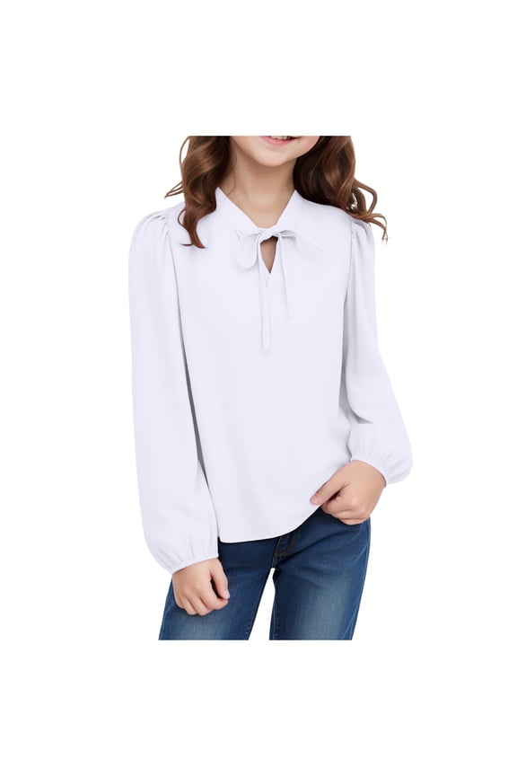 Girls Ruffle Long Sleeve Blouse Kids Button Down Uniform Dress Shirts Long Sleeve Uniform Shirts for Girls 5-10Y 11-14Y(White,9-10 Years)