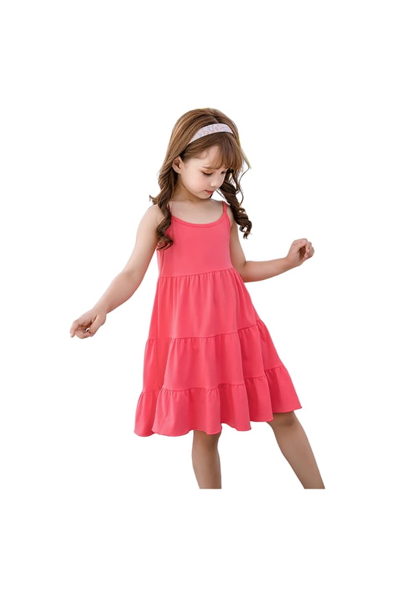 Girls Spaghetti Strap Dress Baby Girls Tulle Tutu Dress Birthday Party Tulle Babydoll Dresses(Watermelon Red,6-7 Years)