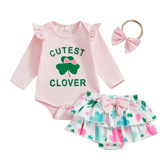 Staki Girls St Patricks Day Outfit Newborn Baby Girl St Patricks Day Outfit Long Sleeve Romper Bodysuit Bow Set Cute Baby Girl Spring Clothes 0-18M(Pink,0-3 Months)