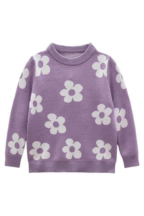 Girls Sweaters Girls Sleeve Sweaters Tops Kids Fashion Knit Crewneck Pullover Clothes 1-8Y(Purple,3-4 Years)