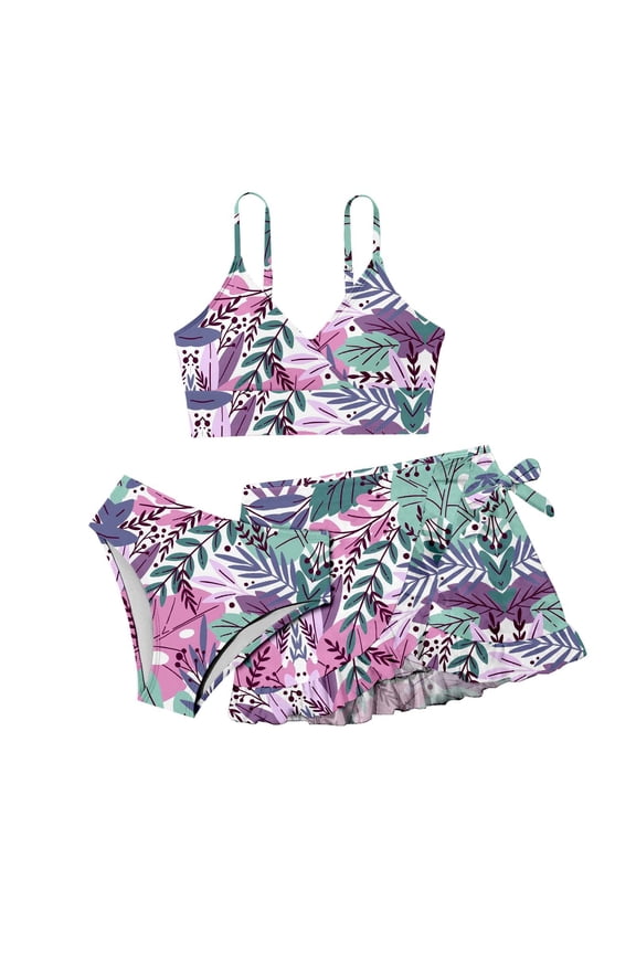 Girls Swim Suit Set Girl's Swimsuit 3 Piece Bathing Suit Criss Cross Spaghetti Strap Bikini Sets with Cover Up Skirt Beach Swimwear 8-14Y(Red,8-9 Years)