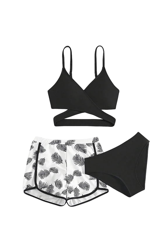 Girls Swimsuit Double Strap High Waist Sporty Bikini Swimsuits Swim Cover Up Skirt 3 Piece Set Girls Swimsuit Set 7-12Y(Black,7-8 Years)