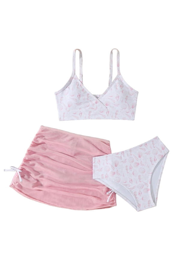 Girls Swimsuits 3 Piece Bathing Suit Allover Printed Criss Cross Bikini Set with Cover Up Skirt Beach Swimwear Girl Bikini Set 7-13Y(Pink,12-13 Years)