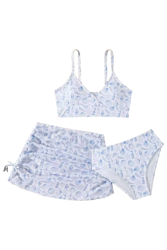 Girls' Swimwear Girl's 3 Piece Swimsuits Textured Bathing Suit with Sarong Cover Up Skirt 7-10Y 11-13Y(White,12-13 Years)