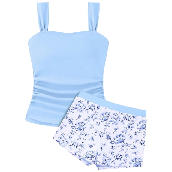 Staki Girls Tankini Swimsuit Solid Ruched Side Square Neck Top with Tropical Printed Shorts 2 Piece Girls Bathing Suits 8-15Y,12-13 Years