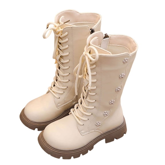 Staki Girls White Lace up Boots Kids Girls' Boots Children's Boots Outdoor Boots Girls' Plush Short Boots(White,3 Big Kid)