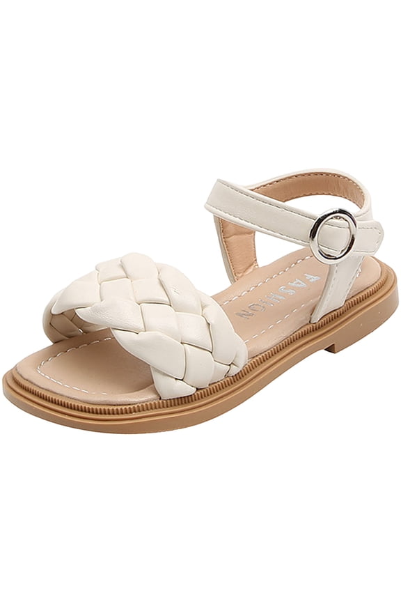 Girls White Sandals Girl's Sandals Dressy Ankle Strap Sandal Open Toe Bridal Slides Flats Summer Cute Vacation Sandals(Beige,13.5 Little Kid)