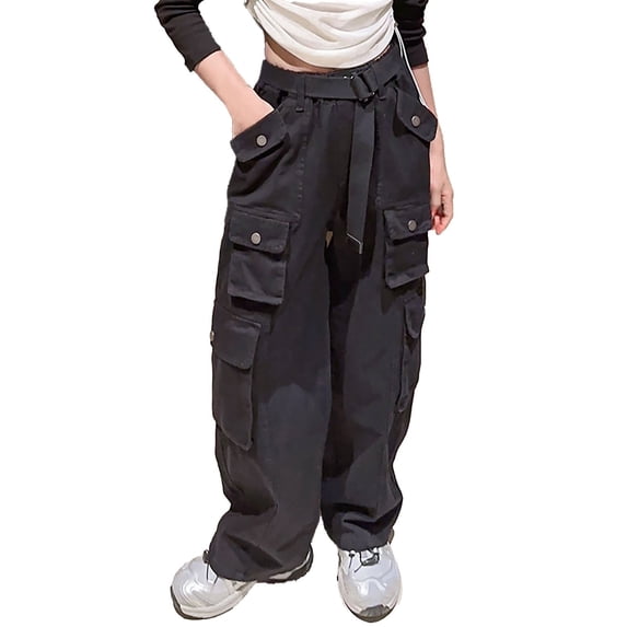 Staki Girls Wide Leg Sweatpants Cargo Pants Girls Pants Y2K Baggy Rave Clothes Waterproof with Pockets(Black,6-7 Years)