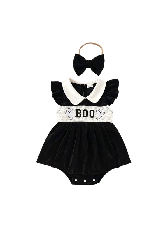 Halloween Baby Girl Outfit Infant Halloween Bubble Romper Smocked Onesie Fall Newborn Clothes(Black,6-12 Months)