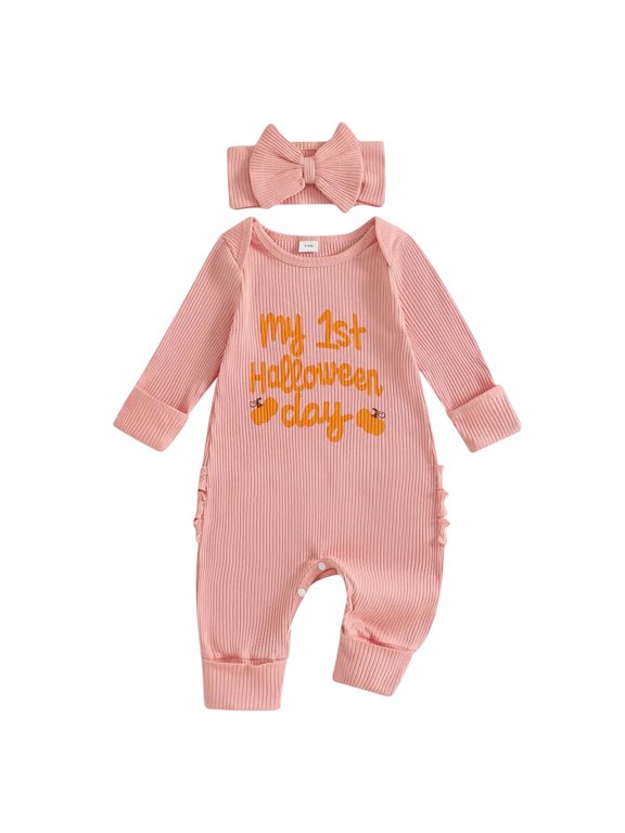 Halloween Baby Girl Outfit Pumpkin Long Sleeve Onesie Romper Jumpsuit Halloween Clothes Girl(Red,3-6 Months)