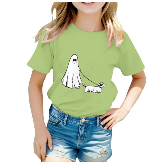 Staki Halloween Shirt for Kids Girls Halloween Shirt Cute Cotton Short Sleeve Tees(Light Green,18-24 Months)