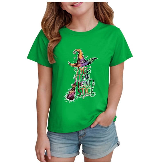 Staki Halloween Shirts for Girl Cute Shirt Halloween Shirt Kids Short Sleeve Tee Tops(Green,9-10 Years)