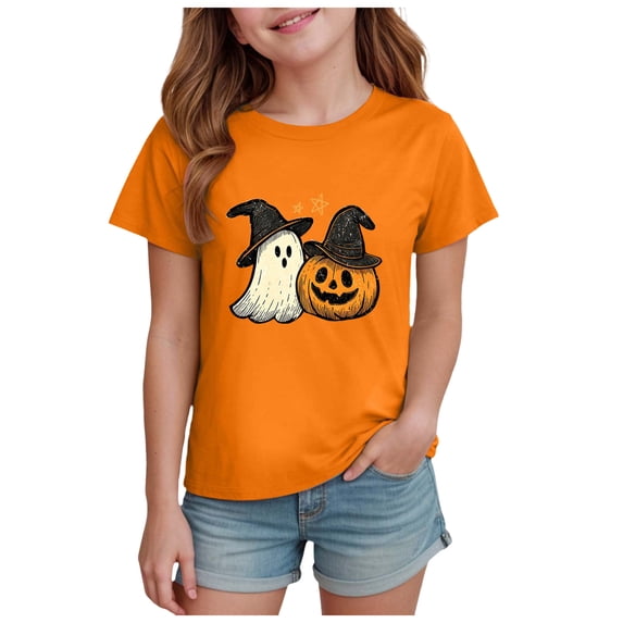 Staki Halloween Shirts for Girls T-Shirt Kid Cute Short Sleeve Tees Fall Tops(Orange,13-14 Years)