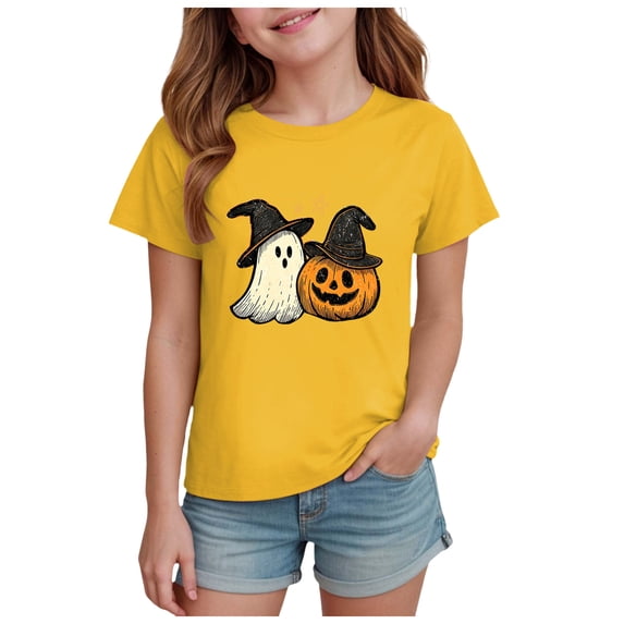 Staki Halloween Shirts for Girls T-Shirt Kid Cute Short Sleeve Tees Fall Tops(Yellow,11-12 Years)