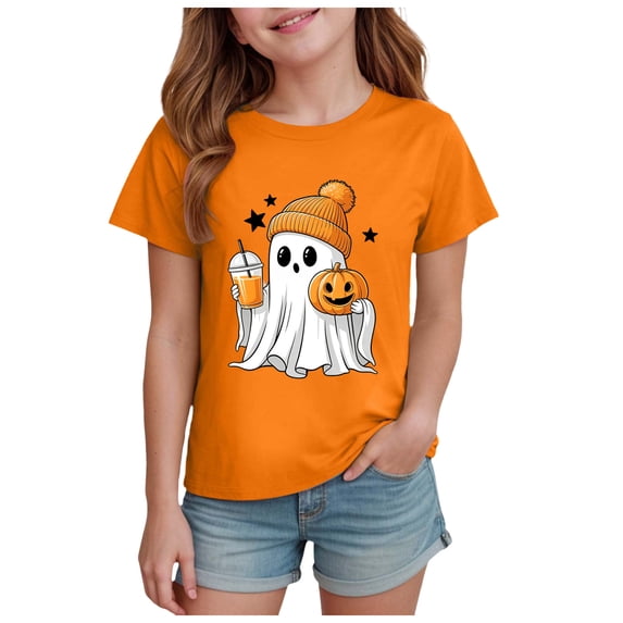 Staki Halloween Shirts for Kids Girl Graphic Shirt Top Halloween Print T-Shirt Casual Short Sleeve Outfits Gifts(Orange,5-6 Years)
