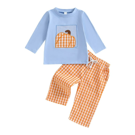 Staki Halloween Toddler Boy Clothes Halloween Toddler Baby Boy Outfit Pumpkin Embroidered Striped Long Sleeve Sweatshirt and Jogger Pants Set(Blue,12-18 Months)