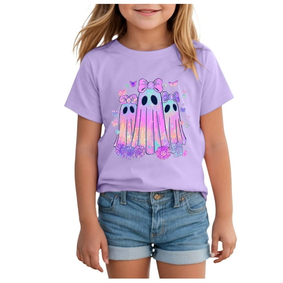 Staki Halloween Toddler Clothes Girls Halloween T Shirt Graphic Tee Tops Kids Casual Short Sleeve Shirt(Purple,4-5 Years)