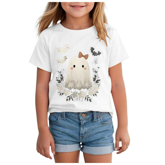 Staki Halloween Tshirts Kids Girls Cute Halloween Girls T-Shirt for Fall(White,9-10 Years)