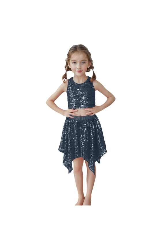 Hip Hop Outfit Girls Metallic Crop Tops with Shiny Pleated Skirt 2 Pcs Set Kids Short Sleeve Sparkly Dance Disco Outfits 3T,4T,5T,6Y,7Y,8Y(Black,5-6 Years)
