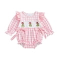thumbnail image 1 of Staki Infant Girl Clothes Newborn Baby Girl Christmas Smocked Romper Santa Plaid Jumpsuit Puff Long Sleeve Playsuit Infant Fall Xmas Outfit(Pink,18-24 Months), 1 of 7