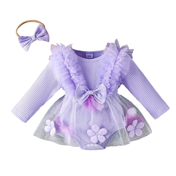 Staki Infant Newborn Baby Girl Fall Winter Outfit Clothes Long Sleeve Lace Trim Mesh Tulle Tutu Romper Dress Birthday Party 0-18M,0-3 Months