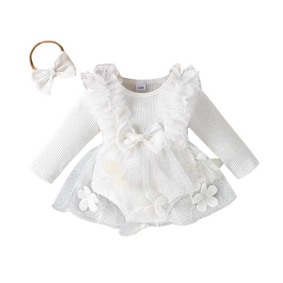 Staki Infant Newborn Baby Girl Fall Winter Outfit Clothes Long Sleeve Lace Trim Mesh Tulle Tutu Romper Dress Birthday Party 0-18M,0-3 Months
