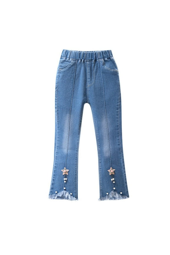 Jeans with Bows Girls Star Applique Jeans Elastic Band Straight Leg Jeans with Pockets Vintage Streetwear Aesthetic Teen Clothes(Yellow,4-5 Years)