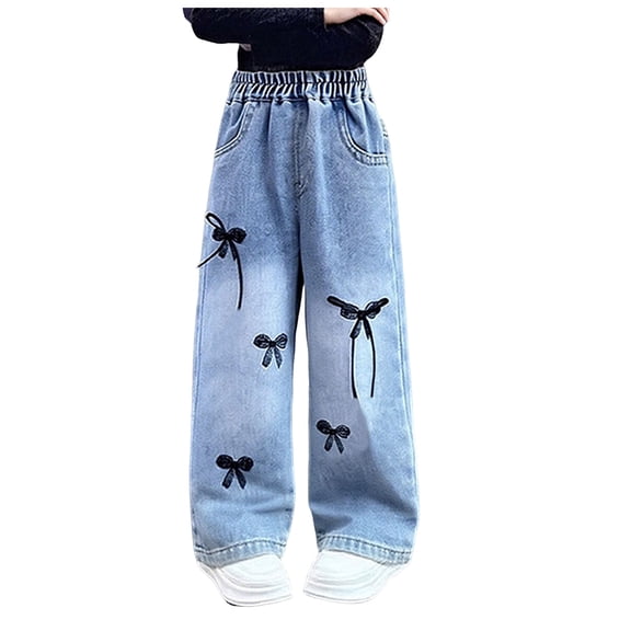 Staki Jeans for Girls Girl's Jeans Wide Leg Baggy Graphic Elastic High Waisted Denim Pants Bottoms 1-10Y(Blue,2-3 Years)