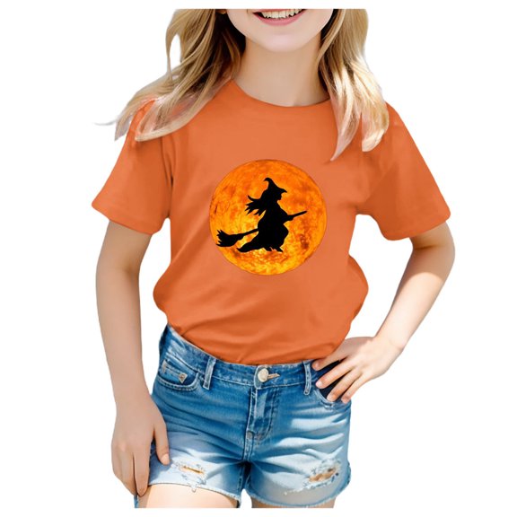 Staki Kid Fall Shirt Kids Halloween Shirt Girls Graphic Tees Toddler Halloween Short Sleeve Top(Orange,3-4 Years)
