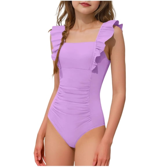 Staki Kids Bathing Suits Girls Girls Swimsuits for Girl One Piece Swimsuit Solid Color Girls' Swimwear Cute Kids Bathing Suit Quick Dry 2T 3T 4T(Purple,2-3 Years)