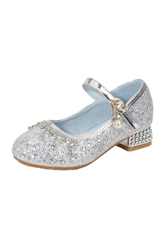 Kids Dress Shoes Girls Sandals Glitter Wedding Party Princess Dress Shoes Flower Girl Low Heel Mary Jane Pumps for Kids Silver,1.5 Big Kid