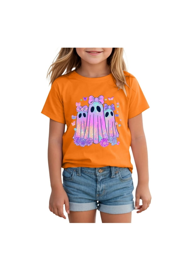Kids Fall Shirts Toddler Baby Girl Halloween Shirt Cute T-Shirt for Kids Short Sleeve Tee Fall Tops(Orange,4-5 Years)