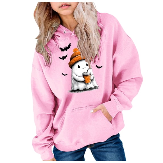 Staki Kids Girl Hooded Sweatshirt Graphic Letter Print Halloween Shirt Long Sleeve Pullover Tops(Pink,4-5 Years)