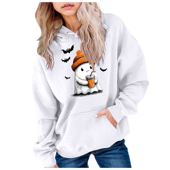Staki Kids Girl Hooded Sweatshirt Graphic Letter Print Halloween Shirt Long Sleeve Pullover Tops(White,13-14 Years)