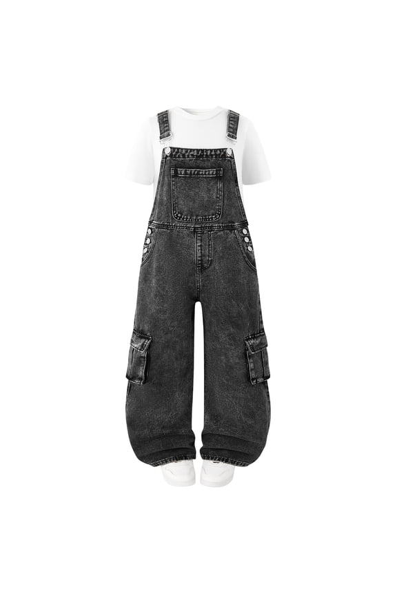 Kids Overalls Girls Overalls Denim Bib Distressed Jumpsuit Kids Blue Baggy Jean Pants with Pockets 8-14Y(8-9 Years,Black)
