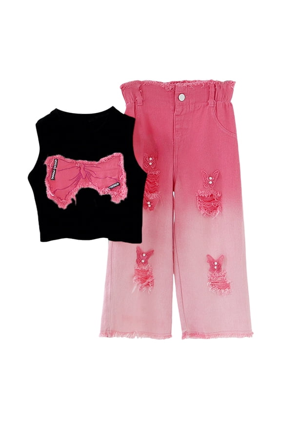 Kids Toddler Infant Baby Girls Summer Outfits Tank Top Jeans Denim Pants Suit Spring Clothes Crop Top Outfits for Girls 3-9Y 10-12Y(Black,3-4 Years)