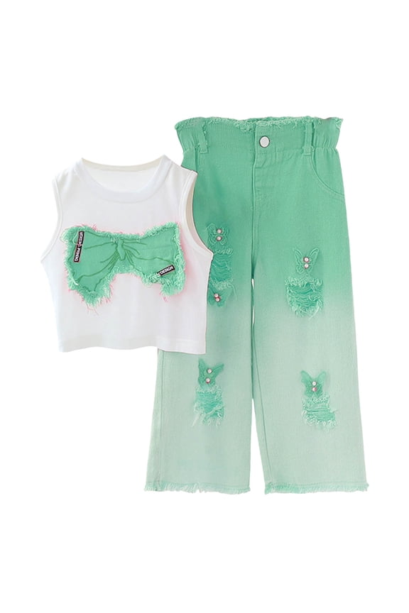 Kids Toddler Infant Baby Girls Summer Outfits Tank Top Jeans Denim Pants Suit Spring Clothes Tank Top Pant Set Gor Girl 3-9Y 10-12Y(Green,3-4 Years)