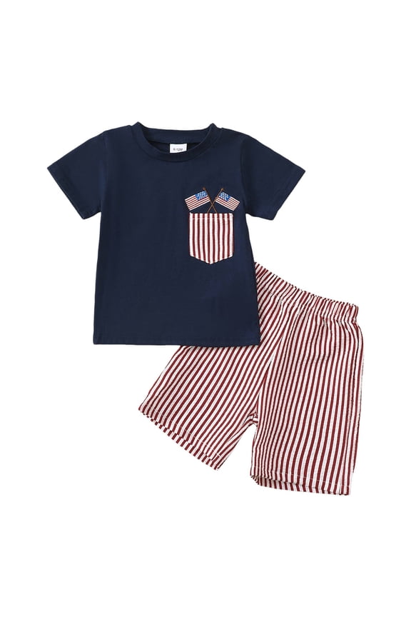 Little Boy 4th of July Outfit Toddler Boy American Flag Outfit 4th of July Shirts USA Patriotic T-Shirt Independence Day Clothes 6-24M 2-4Y(Blue,6-12 Months)