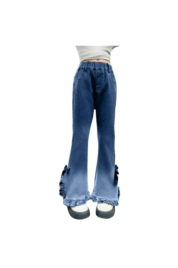 Little Girl Jeans Girls Jeans Baggy Wide Leg Cute Teen Denim Pants Junior Mid Rise Elastic Band with Pockets Casual Clothes(Blue,14-15 Years)