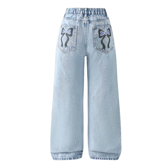 Staki Little Girl Jeans Girls Pants Embroidered Trousers Fashionable Wide Leg Pants Jeans 5-13Y(Light Blue,11-13 Years)