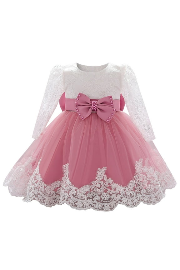 Long Sleeve Flower Girl Dress Toddler Dress Girls Long Sleeve Fall Winter Ruffle Tiered Holiday Party Tulle Dresses(Watermelon Red,6-12 Months)