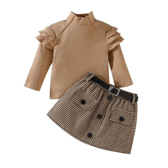 Staki Long Sleeve Skirts Set for Girls Toddler Girl 2 Piece Outfit Kid Cute Knit Top & Skirt Set(Coffee,2-3 Years)